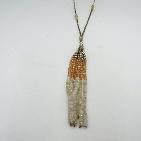 Tassel Beaded Necklace Crystal Encrusted Bead Champagne Cream Beads Silver Tone - Picture 4 of 8